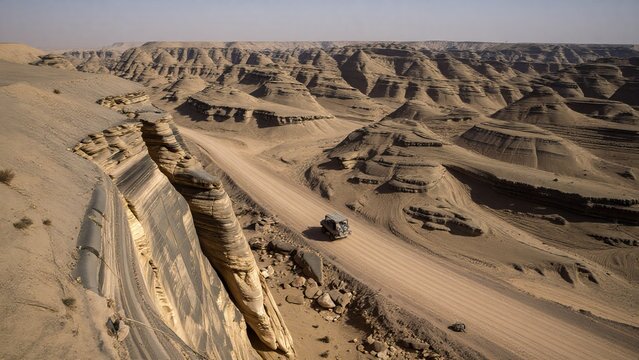 Scenic Desert Landscape with Unique Rock Formations and Sandy Road
