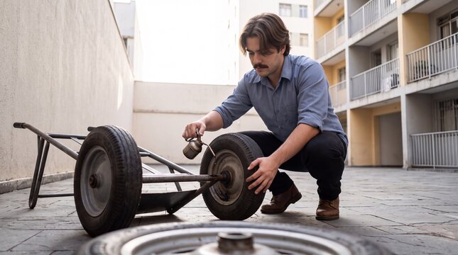 Man oils axle to fix a squeaky hand cart wheel
