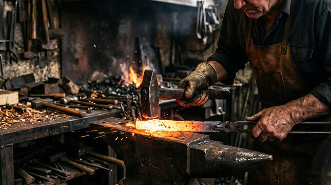 Blacksmith hammering hot metal on anvil in traditional forge workshop