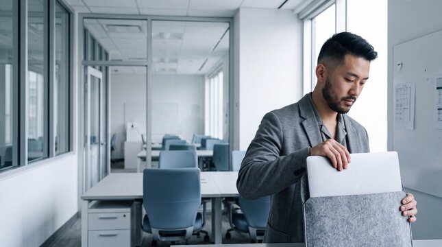Businessman packs his laptop at the end of a workday in an empty office