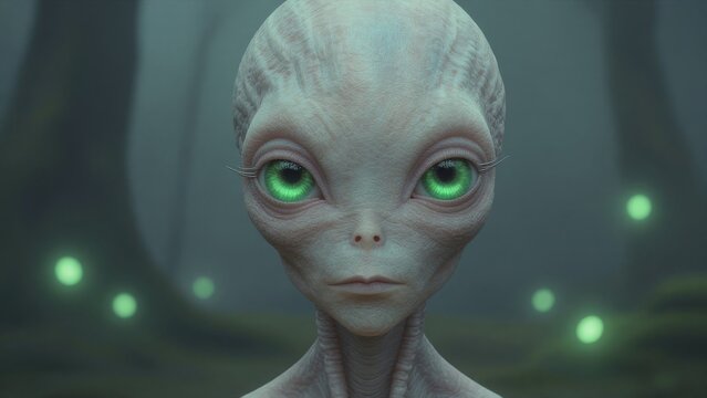 Mysterious Alien Being in Enigmatic Forest with Green Eyes