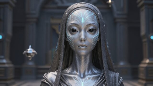 Silver-Hued Futuristic Female Android in Luxurious Sci-Fi Environment