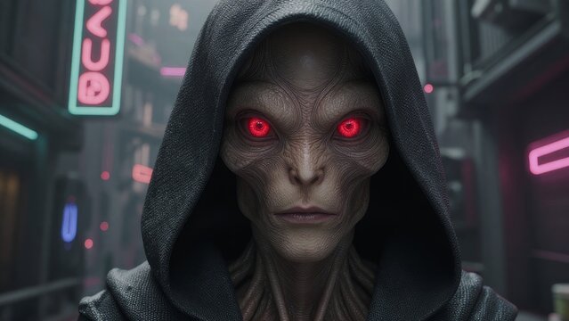 Mysterious Alien Figure in Futuristic Urban Setting with Red Eyes