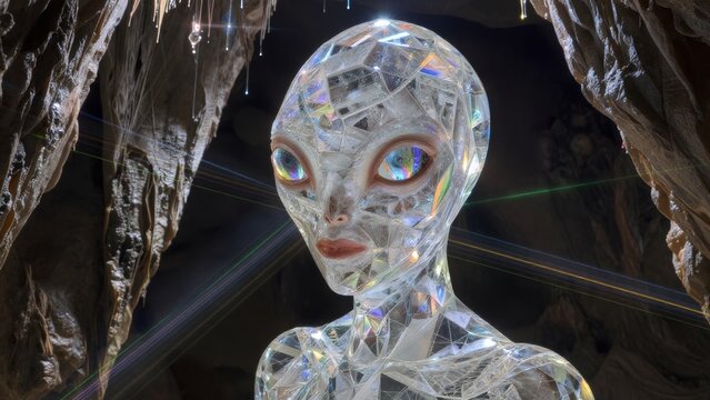 Crystal Alien Figure in a Mysterious Cave with Colorful Reflections