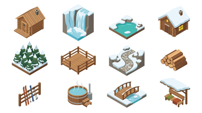 Dynamic Isometric Winter Cabin Scene with Snowy Landscape Hot Tub Wooden Logs and Outdoor Activities