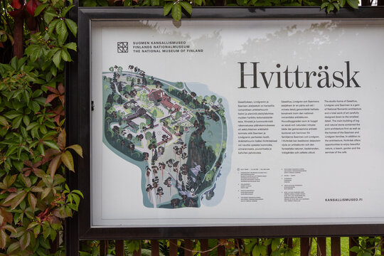 Kirkkonummi, Finland - August 13th 2026: Hvittrask information sign showing an aerial map of the complex, gardens, paths, and nature, with Finnish, Swedish, and English text