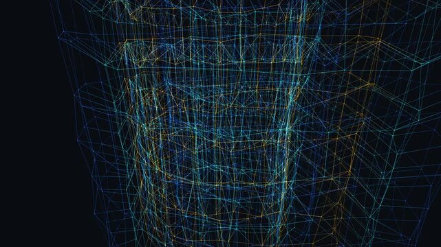 Neural Network Point Cloud Data Visualization, Blue and Amber Tensor Cluster, Seamless Loop Motion Background