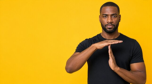 Serious Black man making time out gesture with hands on yellow background