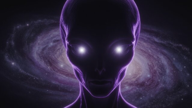 Mysterious Alien Figure with Glowing Eyes Against a Cosmic Background