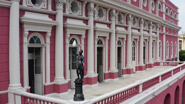 Close aerial tracking shot along the pink neoclassical facade of Teatro Amazonas opera house, white columns, arched windows, balustrade and bronze torch bearer lamp statues, overcast, Manaus, Brazil.