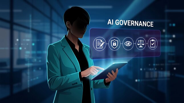 Ai governance concept with professional using tablet in a digital business environment