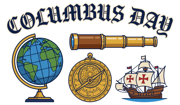 Columbus Day educational exploration equipment set with globe astrolabe telescope and ship