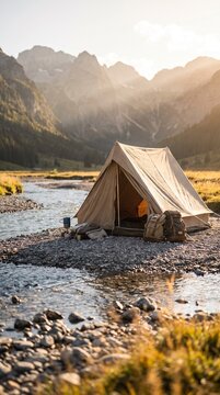 Canvas tent pitched on a rocky river bank in a scenic mountain valley at sunset, camping adventure in the wilderness with golden hour light
