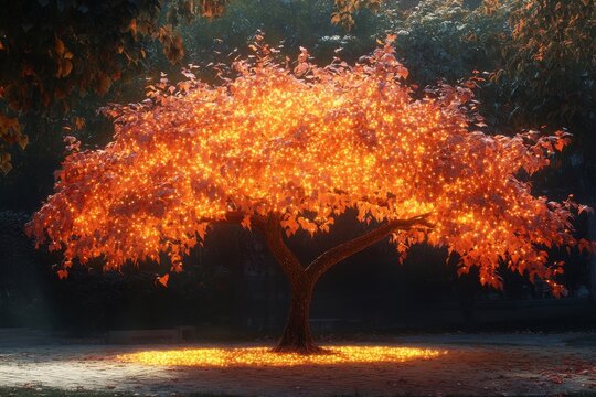 Magical maple tree producing glowing liquid light instead of syrup in a field at night