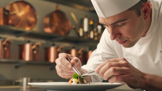 Chef Carefully Plating Gourmet Dish with Precision in Modern Kitchen