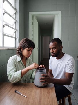 Two flatmates repairing a kitchen blender together in an apartment