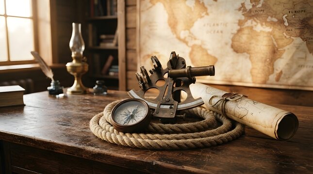 Old study desk with a brass sextant, compass, rolled map, and oil lamp, featuring a vintage map on the wall
