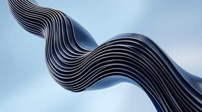Abstract dark wave sculpture with monochromatic layered fins against a light blue sky wavy structure dark layers monochromatic art fluid shape