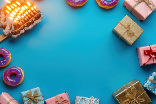 Hanukkah menorah with burning candles next to sweet glazed donuts and gifts on color background