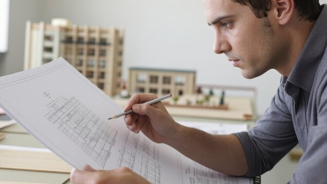 Young Architect Analyzing Blueprint at Design Studio Workspace