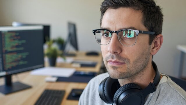 Focused Man Wearing Glasses with Headphones in Modern Office Environment
