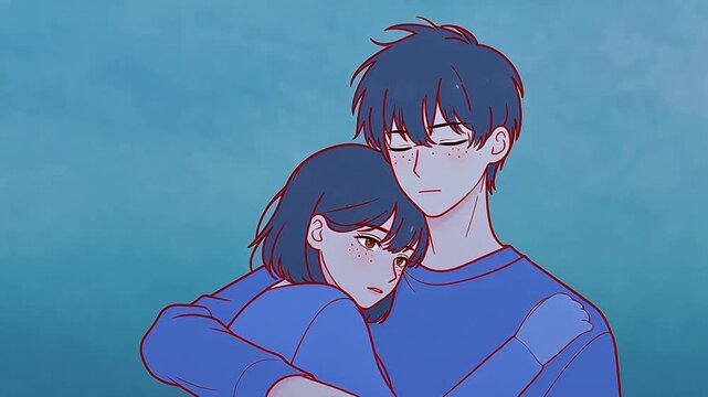 Anime style characters drawn with red lines on a blue to pink gradient background