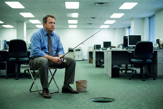 Un employ&eacute; de bureau de 50 ans en chemise et cravate, p&ecirc;che &agrave; travers le plancher de son open space, assis sur une chaise pliante, l'air d&eacute;prim&eacute;. Symbole de l'ennui au travail - surr&eacute;alisme