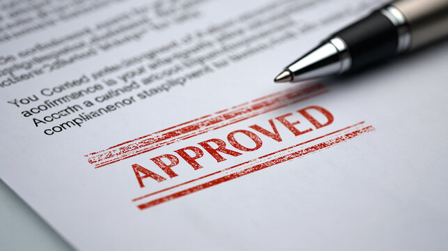 Red approved stamp stamped on an official legal document with a pen. Business contract authorization concept for corporate legal administration.