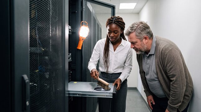 IT Technician Cleaning Cooling Fan in Data Center Server Room