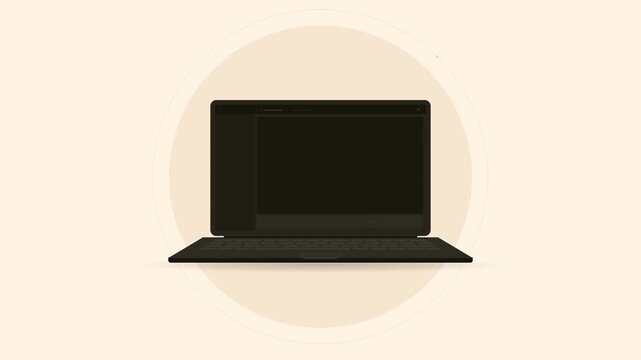 Laptop web development animation with code editor, workflow nodes and colorful website layout building on warm cream background
