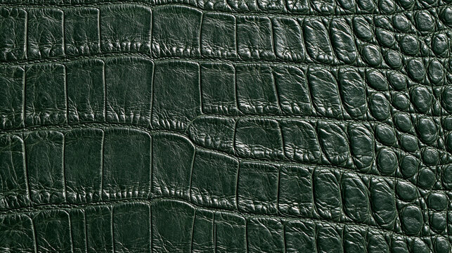 Dark green crocodile leather texture with realistic glossy reptile scales. Perfect background for luxury fashion design and wildlife themes.
