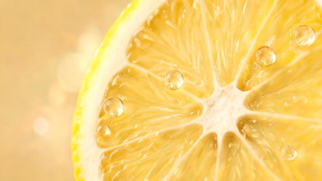 Closeup of a lemon slice with water droplets