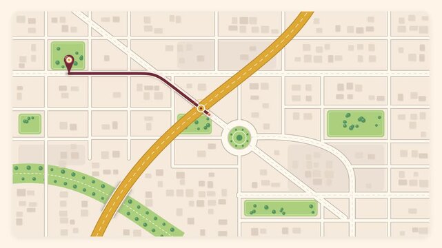 City map navigation route drawing from start pin to destination pin past highway, roundabout and parks, flat map animation
