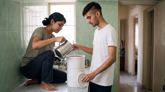 Two flatmates refill a gravity water filter in an apartment kitchen