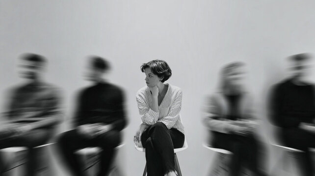 Isolated female employee among blurred coworkers expressing workplace anxiety in monochrome