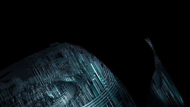 Abstract blue digital architecture with glowing lines and geometric forms on black, representing futuristic technology, data networks, artificial intelligence and transformation.