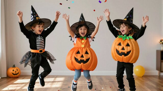 Four joyful kids in Halloween costumes jump happily, surrounded by pumpkins and confetti.