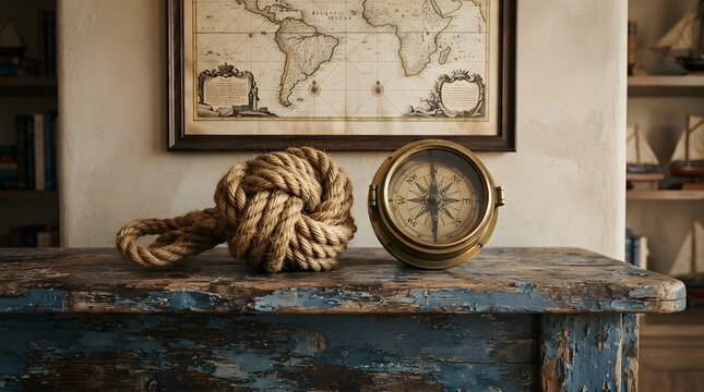 Vintage nautical compass and rope knot on a weathered blue wooden table with a world map in the background