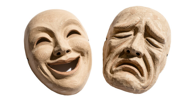 Two carved wooden theatre masks one happy and one sad, isolated on transparent background