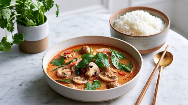 Minimal Thai lunch with mushroom tom yum soup and rice on marble highlighting plant protein wellness and quiet luxury dining