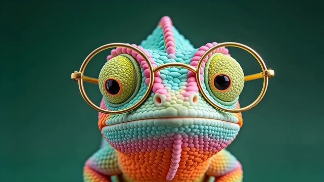 Colorful chameleon with scales and round glasses on a solid green background
