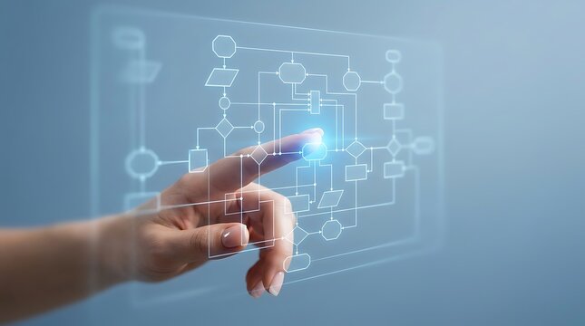 Hand touching a digital flowchart interface
