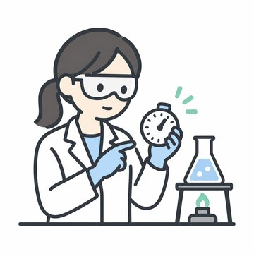 白衣と保護メガネを着けてストップウォッチで実験時間を計測する女性研究者イラスト
