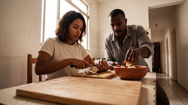 Two flatmates peel cassava together in a small kitchen
