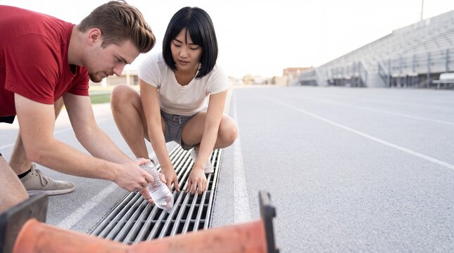 Two young athletes free a water bottle stuck in a running track grate