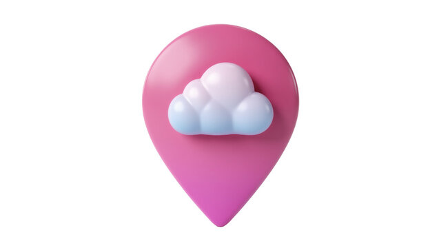 Pink location pin with fluffy white and blue cloud icon, isolated on transparent background