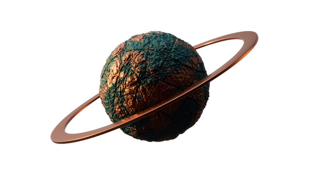 Textured planet with copper ring, isolated on transparent background