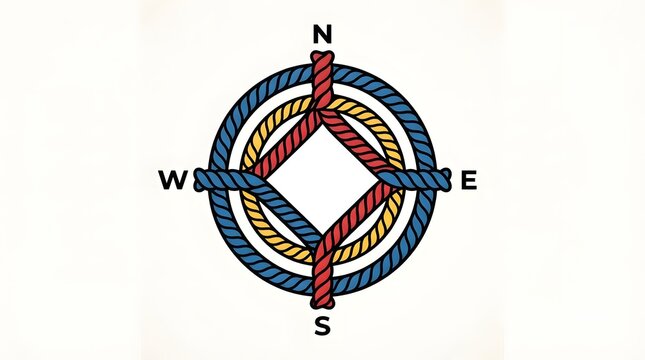 Compass rose design made of intertwined blue, red, and yellow nautical ropes