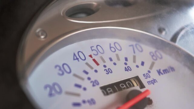 Detailed view of a classic scooter dashboard, highlighting the analog speedometer and odometer with clear numerical readings.