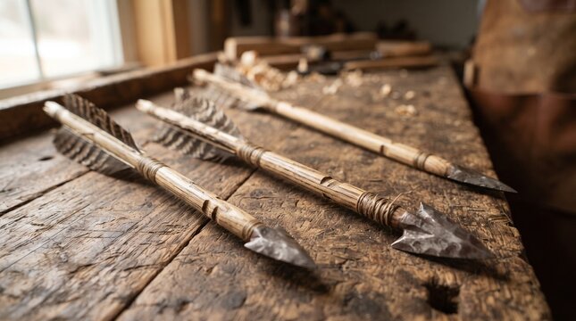 Handcrafted wooden arrows with natural grain and rustic texture